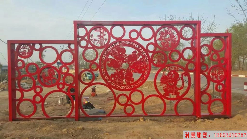 不銹鋼福娃鬧新春剪紙雕塑，剪影透雕1